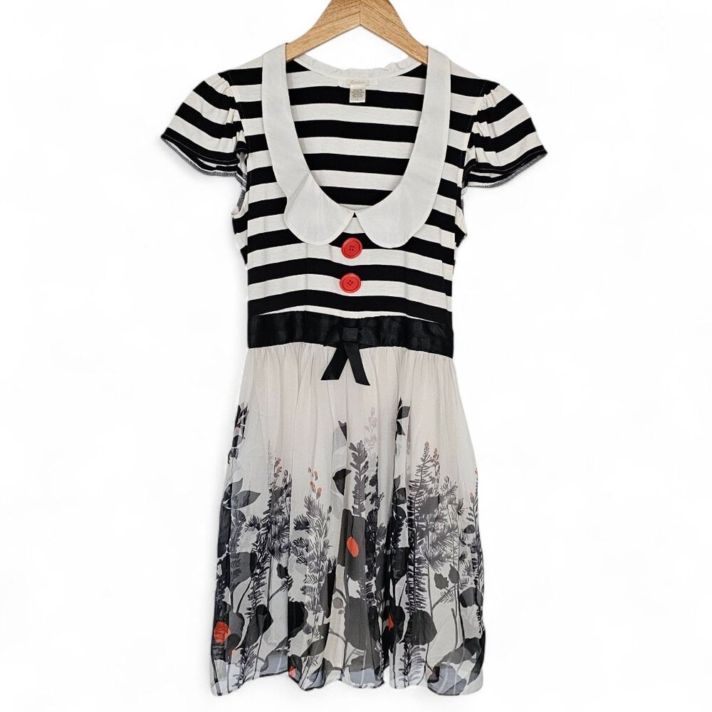 Q Couture Silk Dress Black White Floral Striped Size S Coquette Schoolgirl Doll‎